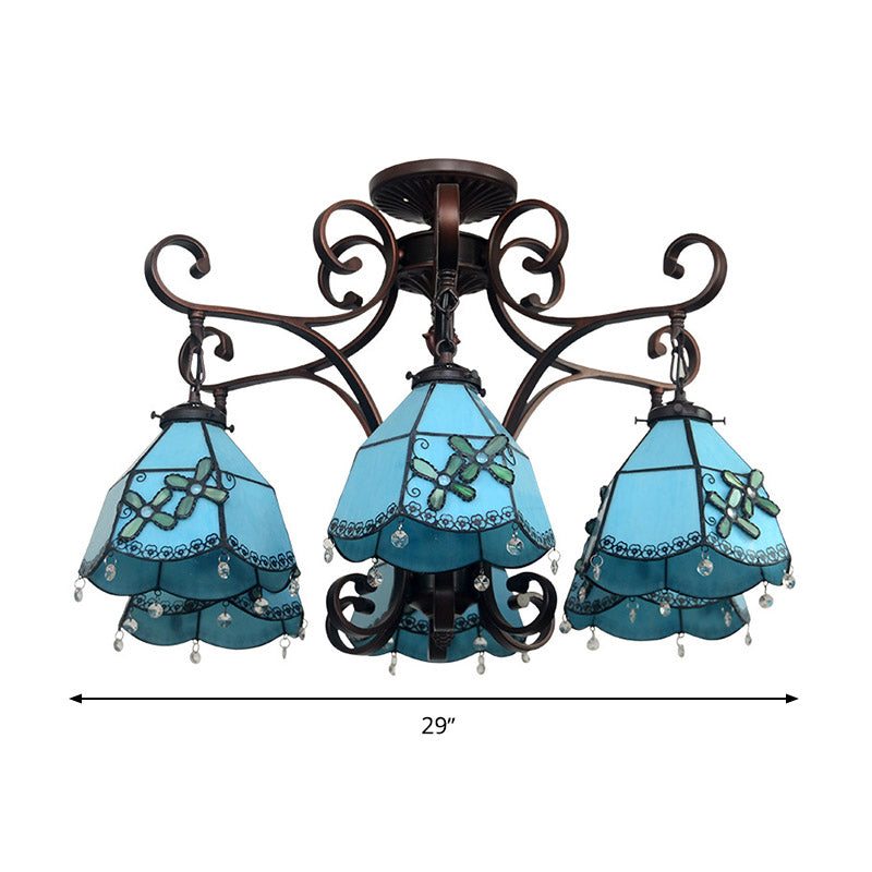 Flower Hanging Chandelier Baroque Hand Cut Glass 6 Lights Blue/Textured Silver Ceiling Lamp for Living Room Clearhalo 'Ceiling Lights' 'Chandeliers' 'Industrial' 'Middle Century Chandeliers' 'Tiffany Chandeliers' 'Tiffany close to ceiling' 'Tiffany' Lighting' 330406