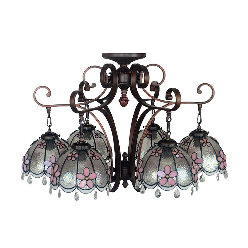 Flower Hanging Chandelier Baroque Hand Cut Glass 6 Lights Blue/Textured Silver Ceiling Lamp for Living Room Clearhalo 'Ceiling Lights' 'Chandeliers' 'Industrial' 'Middle Century Chandeliers' 'Tiffany Chandeliers' 'Tiffany close to ceiling' 'Tiffany' Lighting' 330408