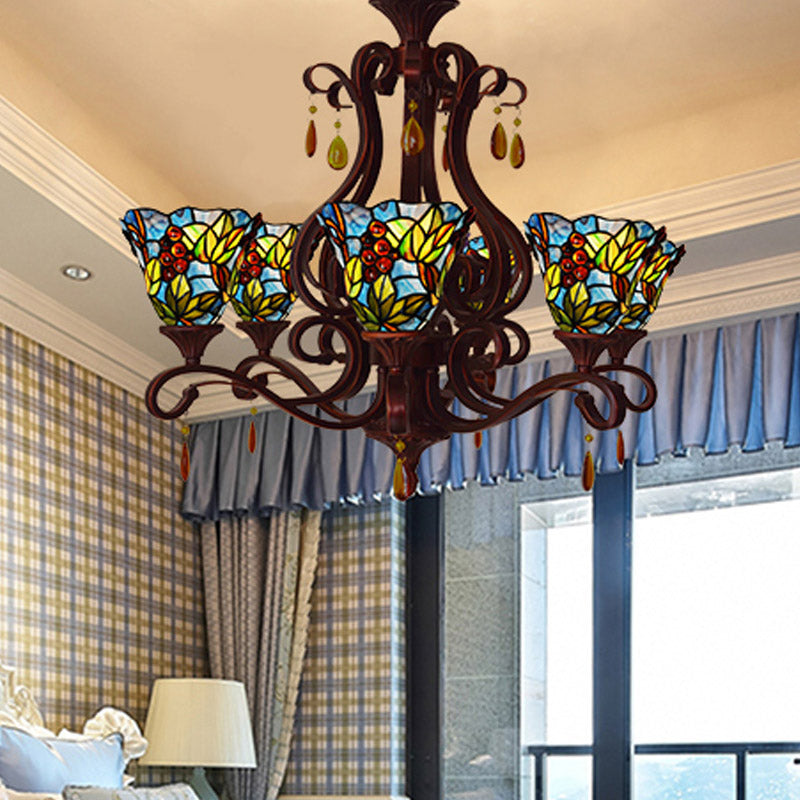 6 Lights Bedroom Ceiling Chandelier Victorian Red/Pink/Blue Drop Pendant with Floral Stained Glass Shade Blue Clearhalo 'Ceiling Lights' 'Chandeliers' 'Industrial' 'Middle Century Chandeliers' 'Tiffany Chandeliers' 'Tiffany close to ceiling' 'Tiffany' Lighting' 330427