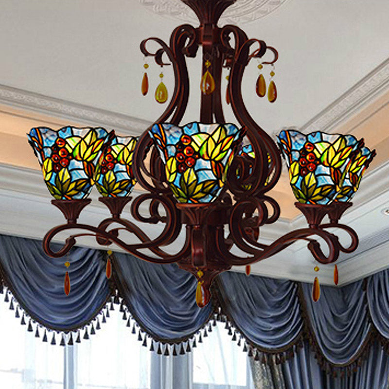 6 Lights Bedroom Ceiling Chandelier Victorian Red/Pink/Blue Drop Pendant with Floral Stained Glass Shade Clearhalo 'Ceiling Lights' 'Chandeliers' 'Industrial' 'Middle Century Chandeliers' 'Tiffany Chandeliers' 'Tiffany close to ceiling' 'Tiffany' Lighting' 330428