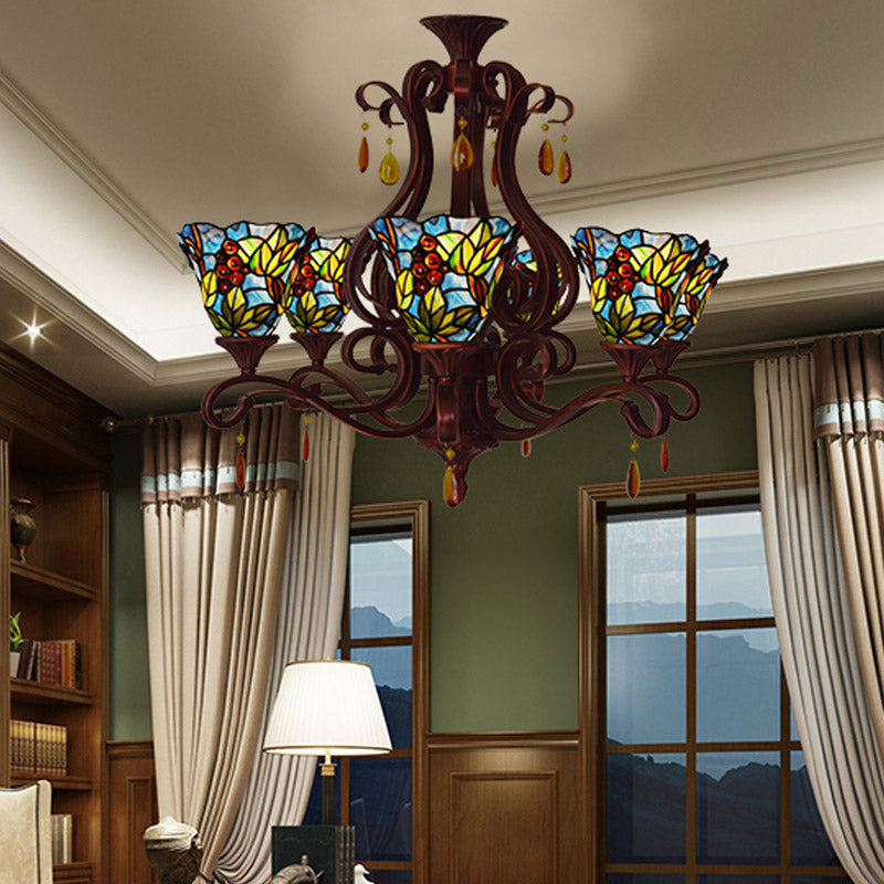 6 Lights Bedroom Ceiling Chandelier Victorian Red/Pink/Blue Drop Pendant with Floral Stained Glass Shade Clearhalo 'Ceiling Lights' 'Chandeliers' 'Industrial' 'Middle Century Chandeliers' 'Tiffany Chandeliers' 'Tiffany close to ceiling' 'Tiffany' Lighting' 330429