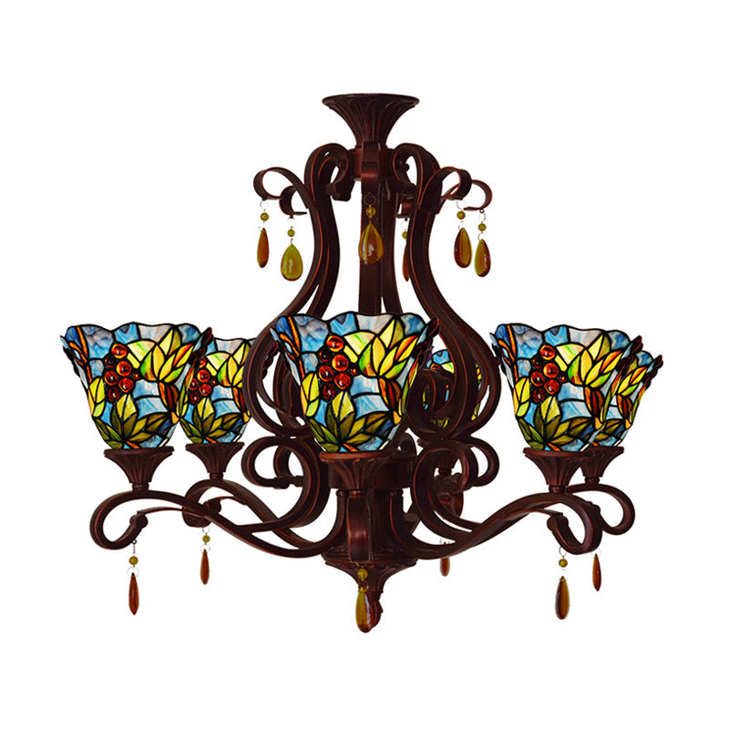 6 Lights Bedroom Ceiling Chandelier Victorian Red/Pink/Blue Drop Pendant with Floral Stained Glass Shade Clearhalo 'Ceiling Lights' 'Chandeliers' 'Industrial' 'Middle Century Chandeliers' 'Tiffany Chandeliers' 'Tiffany close to ceiling' 'Tiffany' Lighting' 330430