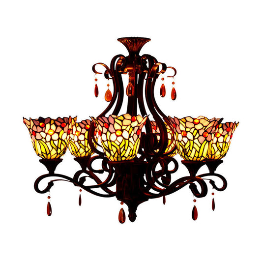 6 Lights Bedroom Ceiling Chandelier Victorian Red/Pink/Blue Drop Pendant with Floral Stained Glass Shade Clearhalo 'Ceiling Lights' 'Chandeliers' 'Industrial' 'Middle Century Chandeliers' 'Tiffany Chandeliers' 'Tiffany close to ceiling' 'Tiffany' Lighting' 330438