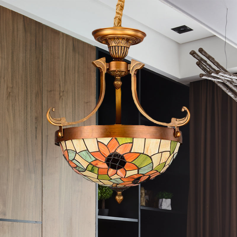 16"/18" W Flower/Leaf Chandelier Light Fixture 3 Lights Stained Glass Victorian Hanging Lamp Kit in White for Corridor Clearhalo 'Ceiling Lights' 'Chandeliers' 'Industrial' 'Middle Century Chandeliers' 'Tiffany Chandeliers' 'Tiffany close to ceiling' 'Tiffany' Lighting' 330462