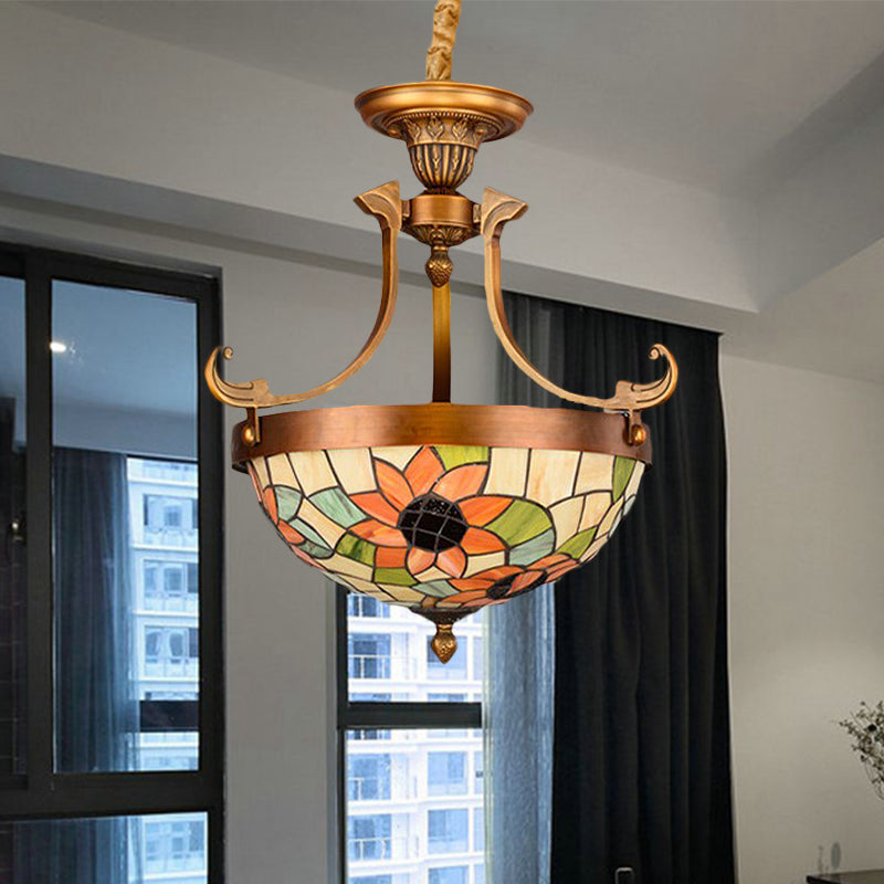 16"/18" W Flower/Leaf Chandelier Light Fixture 3 Lights Stained Glass Victorian Hanging Lamp Kit in White for Corridor Clearhalo 'Ceiling Lights' 'Chandeliers' 'Industrial' 'Middle Century Chandeliers' 'Tiffany Chandeliers' 'Tiffany close to ceiling' 'Tiffany' Lighting' 330463