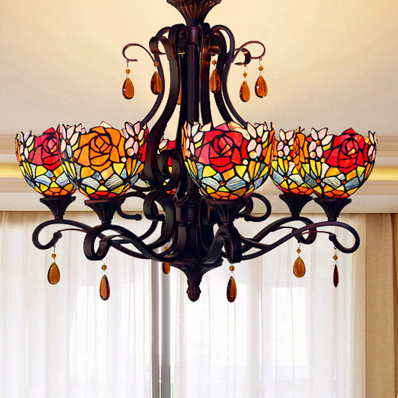 Stained Glass Domed Chandelier Mediterranean 6 Lights Red/Yellow/Blue Pendant Light Fixture with Crystal Droplet Clearhalo 'Ceiling Lights' 'Chandeliers' 'Industrial' 'Middle Century Chandeliers' 'Tiffany Chandeliers' 'Tiffany close to ceiling' 'Tiffany' Lighting' 330467