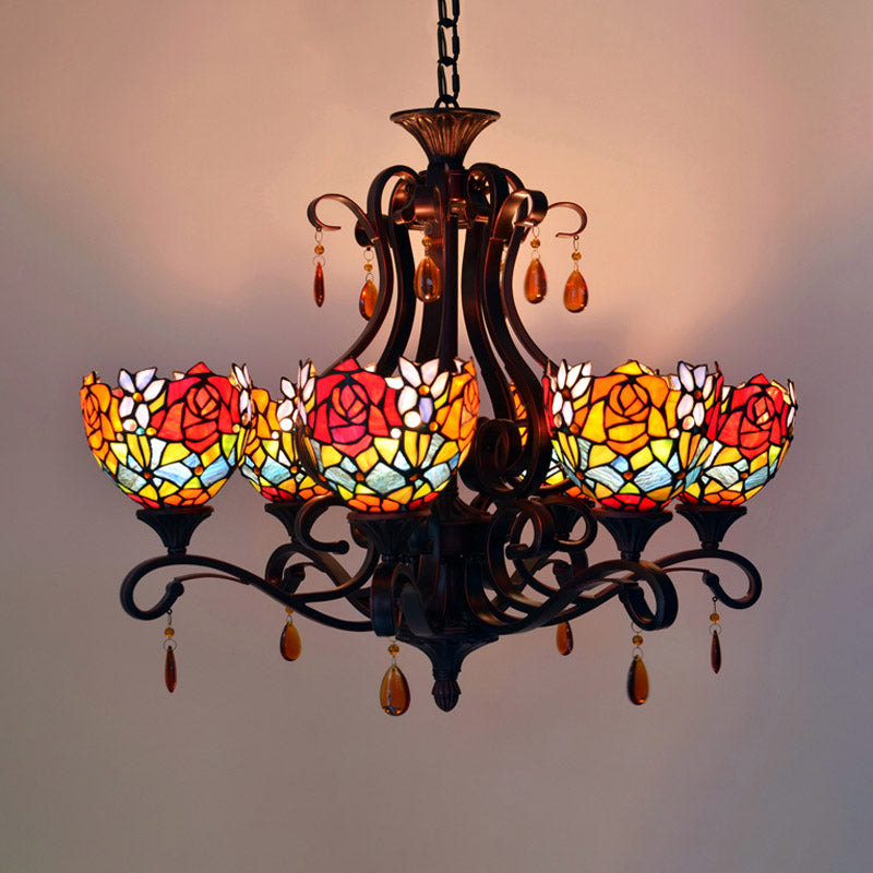 Stained Glass Domed Chandelier Mediterranean 6 Lights Red/Yellow/Blue Pendant Light Fixture with Crystal Droplet Clearhalo 'Ceiling Lights' 'Chandeliers' 'Industrial' 'Middle Century Chandeliers' 'Tiffany Chandeliers' 'Tiffany close to ceiling' 'Tiffany' Lighting' 330468