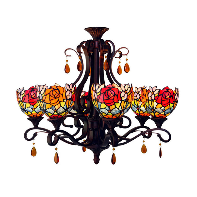 Stained Glass Domed Chandelier Mediterranean 6 Lights Red/Yellow/Blue Pendant Light Fixture with Crystal Droplet Clearhalo 'Ceiling Lights' 'Chandeliers' 'Industrial' 'Middle Century Chandeliers' 'Tiffany Chandeliers' 'Tiffany close to ceiling' 'Tiffany' Lighting' 330469
