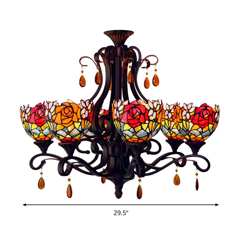 Stained Glass Domed Chandelier Mediterranean 6 Lights Red/Yellow/Blue Pendant Light Fixture with Crystal Droplet Clearhalo 'Ceiling Lights' 'Chandeliers' 'Industrial' 'Middle Century Chandeliers' 'Tiffany Chandeliers' 'Tiffany close to ceiling' 'Tiffany' Lighting' 330470