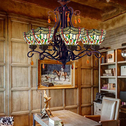 Stained Glass Domed Chandelier Mediterranean 6 Lights Red/Yellow/Blue Pendant Light Fixture with Crystal Droplet Blue Clearhalo 'Ceiling Lights' 'Chandeliers' 'Industrial' 'Middle Century Chandeliers' 'Tiffany Chandeliers' 'Tiffany close to ceiling' 'Tiffany' Lighting' 330471