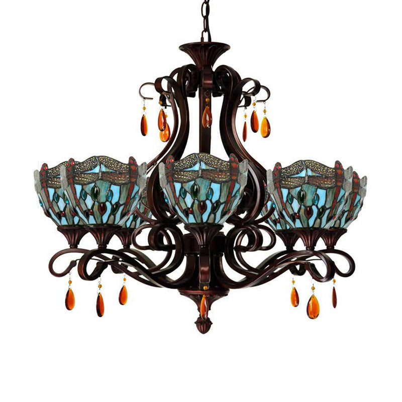 Stained Glass Domed Chandelier Mediterranean 6 Lights Red/Yellow/Blue Pendant Light Fixture with Crystal Droplet Clearhalo 'Ceiling Lights' 'Chandeliers' 'Industrial' 'Middle Century Chandeliers' 'Tiffany Chandeliers' 'Tiffany close to ceiling' 'Tiffany' Lighting' 330472
