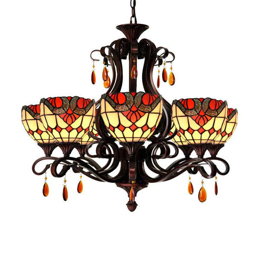 Stained Glass Domed Chandelier Mediterranean 6 Lights Red/Yellow/Blue Pendant Light Fixture with Crystal Droplet Yellow Clearhalo 'Ceiling Lights' 'Chandeliers' 'Industrial' 'Middle Century Chandeliers' 'Tiffany Chandeliers' 'Tiffany close to ceiling' 'Tiffany' Lighting' 330474