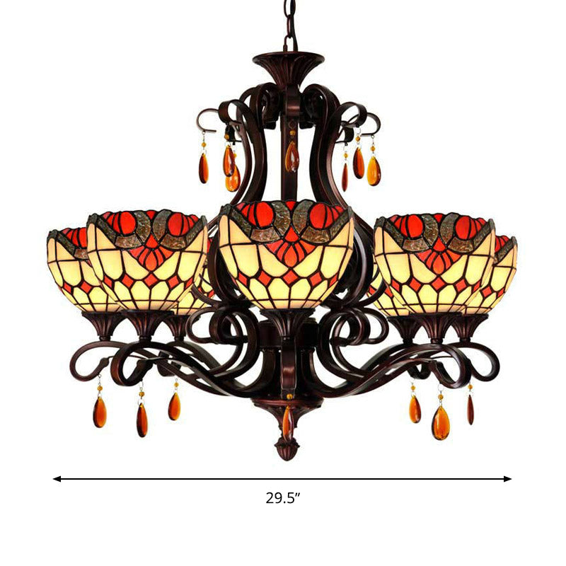 Stained Glass Domed Chandelier Mediterranean 6 Lights Red/Yellow/Blue Pendant Light Fixture with Crystal Droplet Clearhalo 'Ceiling Lights' 'Chandeliers' 'Industrial' 'Middle Century Chandeliers' 'Tiffany Chandeliers' 'Tiffany close to ceiling' 'Tiffany' Lighting' 330475