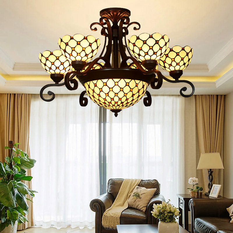 Domed Stained Glass Chandelier Light Tiffany 9 Lights White/Red/Beige Suspension Lighting for Living Room Beige Clearhalo 'Ceiling Lights' 'Chandeliers' 'Industrial' 'Middle Century Chandeliers' 'Tiffany Chandeliers' 'Tiffany close to ceiling' 'Tiffany' Lighting' 330476