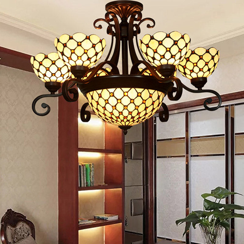 Domed Stained Glass Chandelier Light Tiffany 9 Lights White/Red/Beige Suspension Lighting for Living Room Clearhalo 'Ceiling Lights' 'Chandeliers' 'Industrial' 'Middle Century Chandeliers' 'Tiffany Chandeliers' 'Tiffany close to ceiling' 'Tiffany' Lighting' 330477