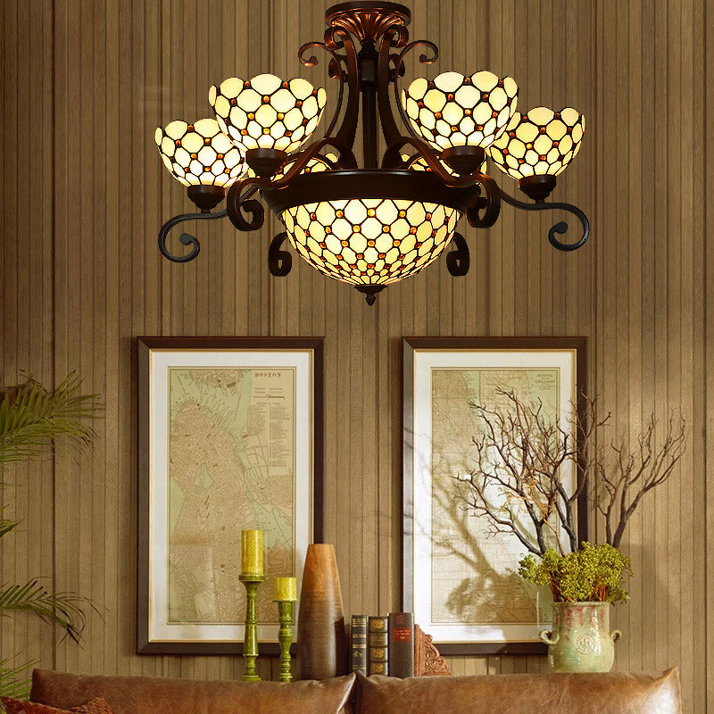 Domed Stained Glass Chandelier Light Tiffany 9 Lights White/Red/Beige Suspension Lighting for Living Room Clearhalo 'Ceiling Lights' 'Chandeliers' 'Industrial' 'Middle Century Chandeliers' 'Tiffany Chandeliers' 'Tiffany close to ceiling' 'Tiffany' Lighting' 330478