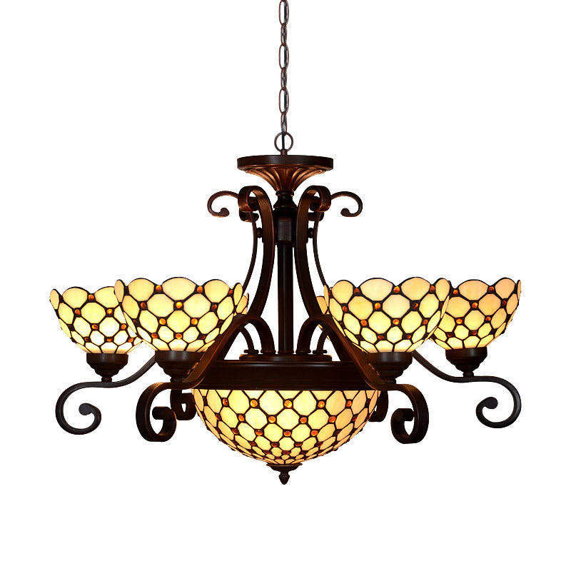 Domed Stained Glass Chandelier Light Tiffany 9 Lights White/Red/Beige Suspension Lighting for Living Room Clearhalo 'Ceiling Lights' 'Chandeliers' 'Industrial' 'Middle Century Chandeliers' 'Tiffany Chandeliers' 'Tiffany close to ceiling' 'Tiffany' Lighting' 330479