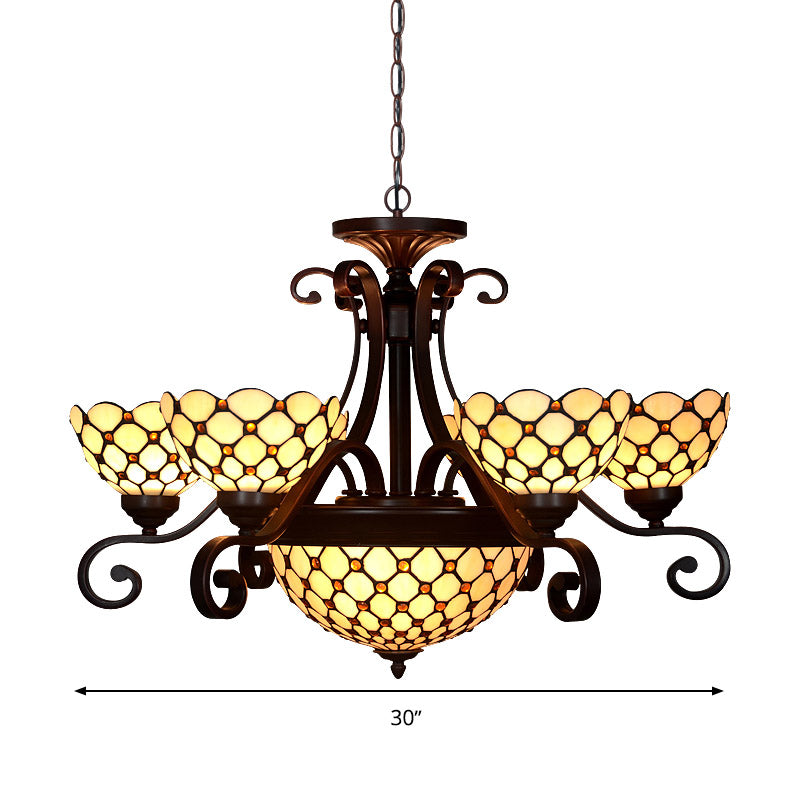 Domed Stained Glass Chandelier Light Tiffany 9 Lights White/Red/Beige Suspension Lighting for Living Room Clearhalo 'Ceiling Lights' 'Chandeliers' 'Industrial' 'Middle Century Chandeliers' 'Tiffany Chandeliers' 'Tiffany close to ceiling' 'Tiffany' Lighting' 330480