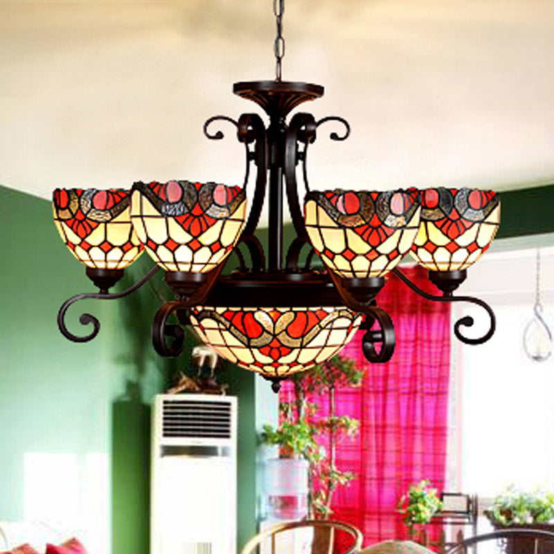 Domed Stained Glass Chandelier Light Tiffany 9 Lights White/Red/Beige Suspension Lighting for Living Room Red Clearhalo 'Ceiling Lights' 'Chandeliers' 'Industrial' 'Middle Century Chandeliers' 'Tiffany Chandeliers' 'Tiffany close to ceiling' 'Tiffany' Lighting' 330481