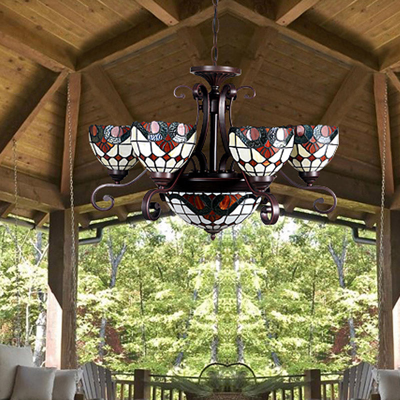 Domed Stained Glass Chandelier Light Tiffany 9 Lights White/Red/Beige Suspension Lighting for Living Room Clearhalo 'Ceiling Lights' 'Chandeliers' 'Industrial' 'Middle Century Chandeliers' 'Tiffany Chandeliers' 'Tiffany close to ceiling' 'Tiffany' Lighting' 330482