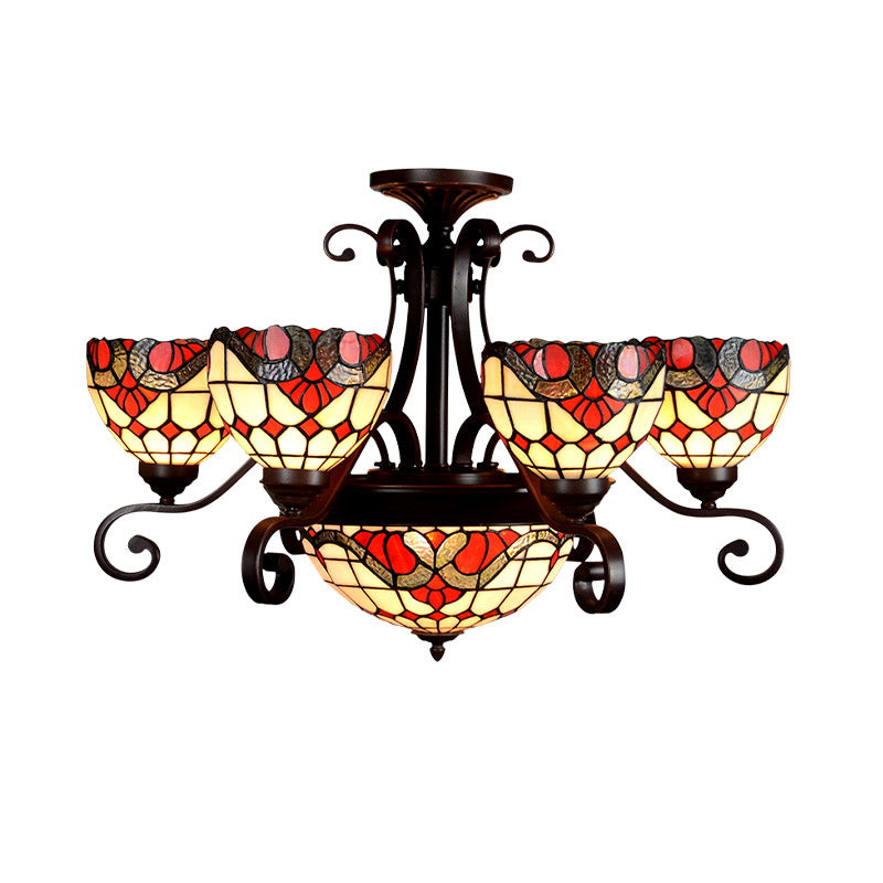Domed Stained Glass Chandelier Light Tiffany 9 Lights White/Red/Beige Suspension Lighting for Living Room Clearhalo 'Ceiling Lights' 'Chandeliers' 'Industrial' 'Middle Century Chandeliers' 'Tiffany Chandeliers' 'Tiffany close to ceiling' 'Tiffany' Lighting' 330483