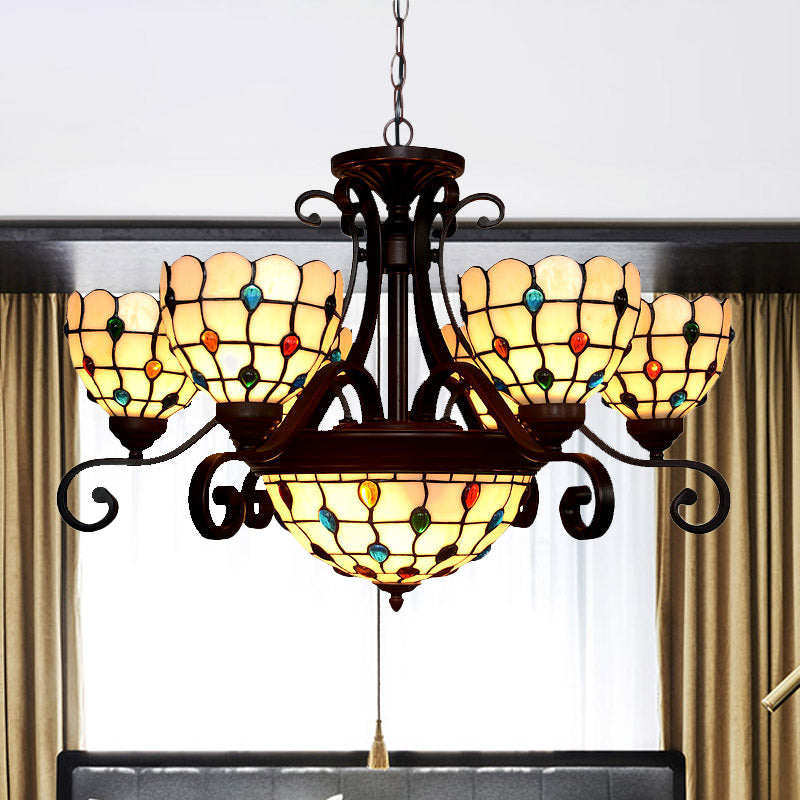 Domed Stained Glass Chandelier Light Tiffany 9 Lights White/Red/Beige Suspension Lighting for Living Room White Clearhalo 'Ceiling Lights' 'Chandeliers' 'Industrial' 'Middle Century Chandeliers' 'Tiffany Chandeliers' 'Tiffany close to ceiling' 'Tiffany' Lighting' 330485