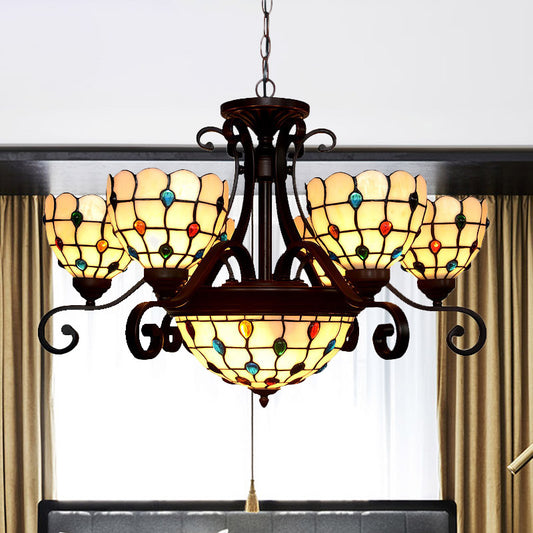 Domed Stained Glass Chandelier Light Tiffany 9 Lights White/Red/Beige Suspension Lighting for Living Room White Clearhalo 'Ceiling Lights' 'Chandeliers' 'Industrial' 'Middle Century Chandeliers' 'Tiffany Chandeliers' 'Tiffany close to ceiling' 'Tiffany' Lighting' 330485