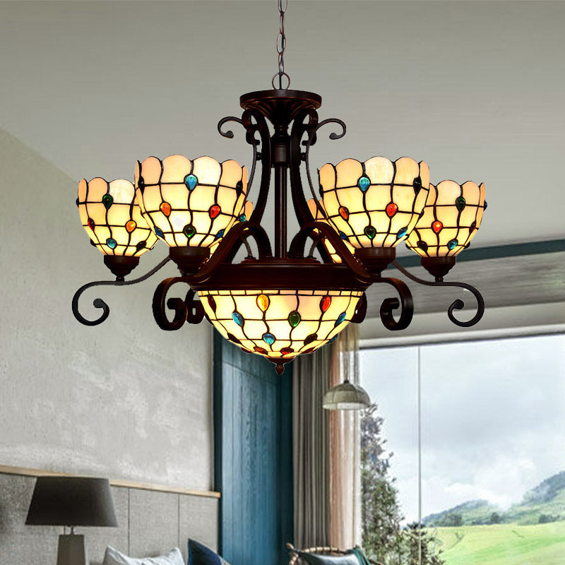 Domed Stained Glass Chandelier Light Tiffany 9 Lights White/Red/Beige Suspension Lighting for Living Room Clearhalo 'Ceiling Lights' 'Chandeliers' 'Industrial' 'Middle Century Chandeliers' 'Tiffany Chandeliers' 'Tiffany close to ceiling' 'Tiffany' Lighting' 330486