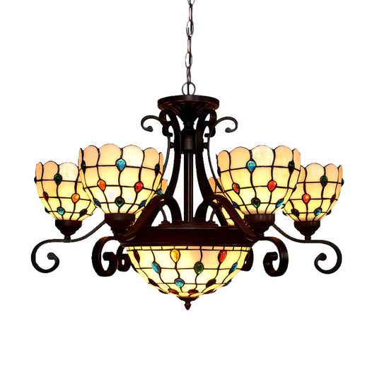 Domed Stained Glass Chandelier Light Tiffany 9 Lights White/Red/Beige Suspension Lighting for Living Room Clearhalo 'Ceiling Lights' 'Chandeliers' 'Industrial' 'Middle Century Chandeliers' 'Tiffany Chandeliers' 'Tiffany close to ceiling' 'Tiffany' Lighting' 330487
