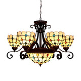 Domed Stained Glass Chandelier Light Tiffany 9 Lights White/Red/Beige Suspension Lighting for Living Room Clearhalo 'Ceiling Lights' 'Chandeliers' 'Industrial' 'Middle Century Chandeliers' 'Tiffany Chandeliers' 'Tiffany close to ceiling' 'Tiffany' Lighting' 330487
