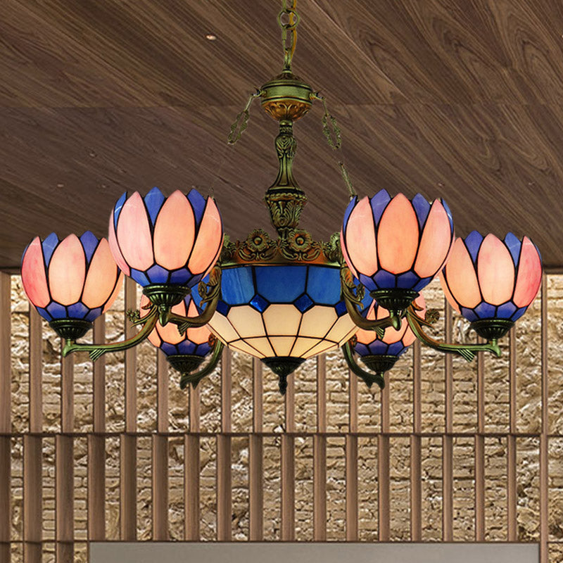 7 Lights Chandelier Lighting Tiffany Floral Stained Glass Drop Pendant in Pink for Living Room Clearhalo 'Ceiling Lights' 'Chandeliers' 'Industrial' 'Middle Century Chandeliers' 'Tiffany Chandeliers' 'Tiffany close to ceiling' 'Tiffany' Lighting' 330506