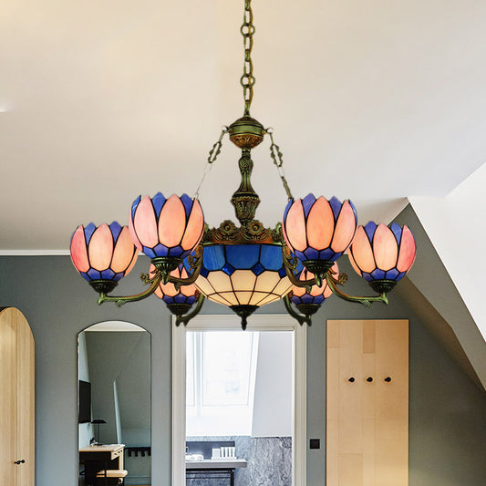 7 Lights Chandelier Lighting Tiffany Floral Stained Glass Drop Pendant in Pink for Living Room Clearhalo 'Ceiling Lights' 'Chandeliers' 'Industrial' 'Middle Century Chandeliers' 'Tiffany Chandeliers' 'Tiffany close to ceiling' 'Tiffany' Lighting' 330507