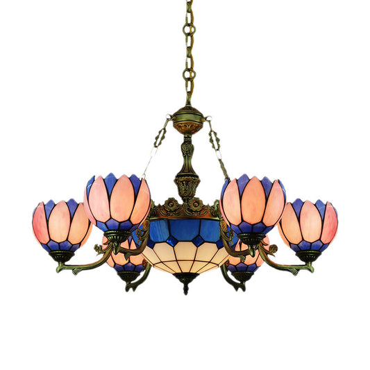 7 Lights Chandelier Lighting Tiffany Floral Stained Glass Drop Pendant in Pink for Living Room Clearhalo 'Ceiling Lights' 'Chandeliers' 'Industrial' 'Middle Century Chandeliers' 'Tiffany Chandeliers' 'Tiffany close to ceiling' 'Tiffany' Lighting' 330508