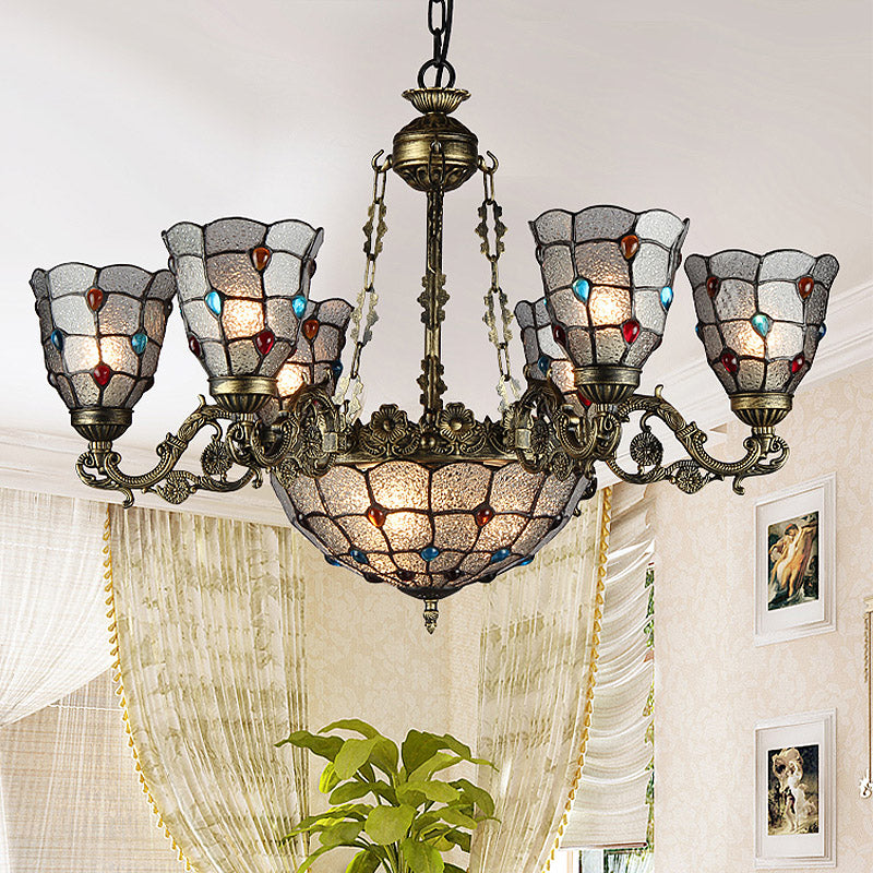 Frosted Glass Scrolling Arm Pendant Chandelier Tiffany Style 9/12 Lights Bronze Hanging Lamp Kit for Living Room Clearhalo 'Ceiling Lights' 'Chandeliers' 'Industrial' 'Middle Century Chandeliers' 'Tiffany Chandeliers' 'Tiffany close to ceiling' 'Tiffany' Lighting' 330524