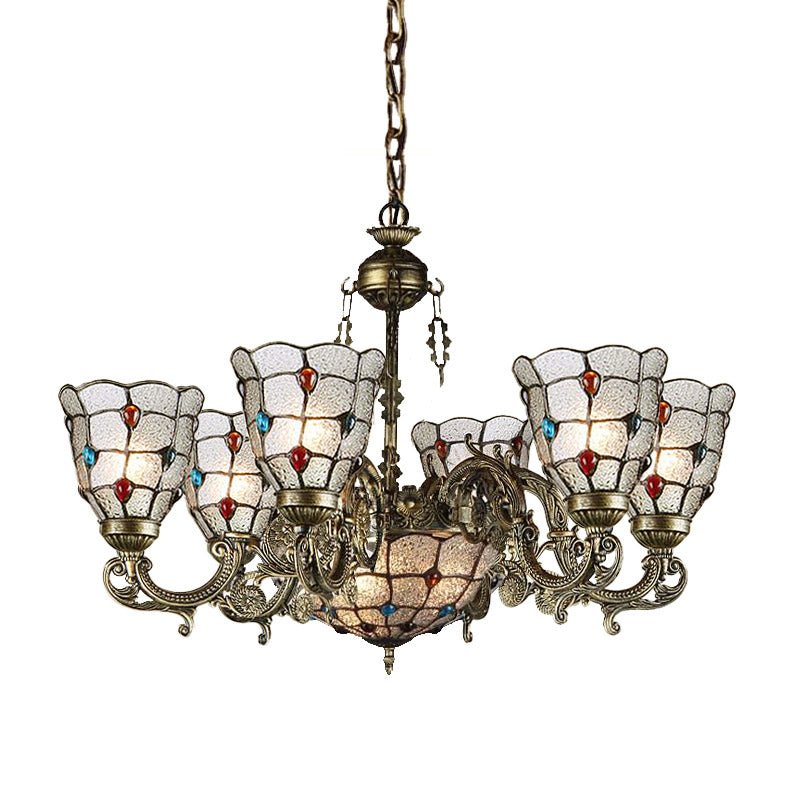 Frosted Glass Scrolling Arm Pendant Chandelier Tiffany Style 9/12 Lights Bronze Hanging Lamp Kit for Living Room Clearhalo 'Ceiling Lights' 'Chandeliers' 'Industrial' 'Middle Century Chandeliers' 'Tiffany Chandeliers' 'Tiffany close to ceiling' 'Tiffany' Lighting' 330526
