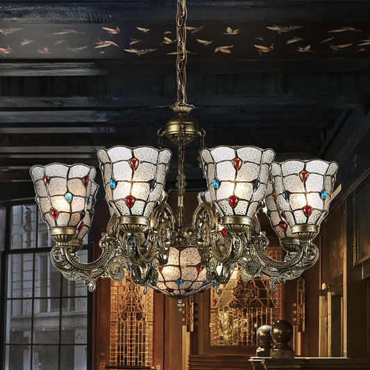 Frosted Glass Scrolling Arm Pendant Chandelier Tiffany Style 9/12 Lights Bronze Hanging Lamp Kit for Living Room 12 Bronze Clearhalo 'Ceiling Lights' 'Chandeliers' 'Industrial' 'Middle Century Chandeliers' 'Tiffany Chandeliers' 'Tiffany close to ceiling' 'Tiffany' Lighting' 330528