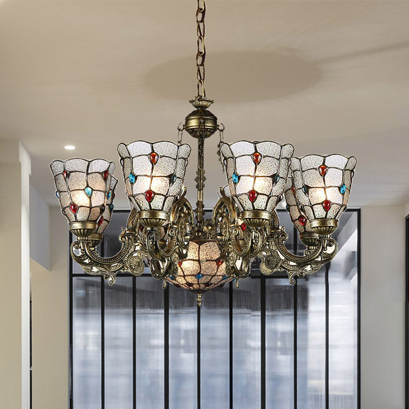 Frosted Glass Scrolling Arm Pendant Chandelier Tiffany Style 9/12 Lights Bronze Hanging Lamp Kit for Living Room Clearhalo 'Ceiling Lights' 'Chandeliers' 'Industrial' 'Middle Century Chandeliers' 'Tiffany Chandeliers' 'Tiffany close to ceiling' 'Tiffany' Lighting' 330529