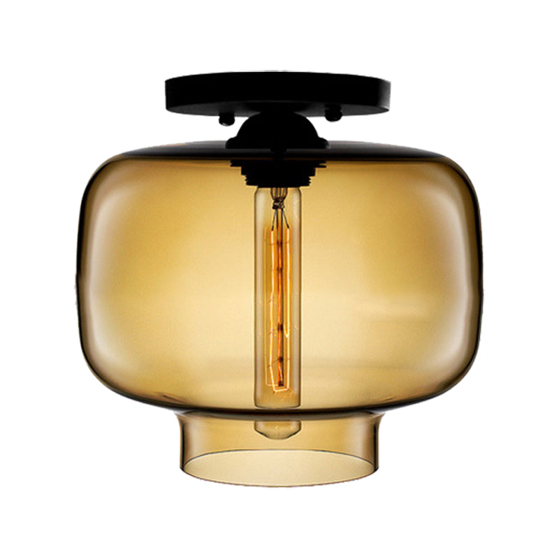 Modern Red/Sky Blue/Amber/Smoke Gray/Coffee Lantern Flushmount Light 1 Bulb Flush Mount Lamp with Glass Shade in Black Clearhalo 'Ceiling Lights' 'Close To Ceiling Lights' 'Close to ceiling' 'Flush mount' Lighting' 330538