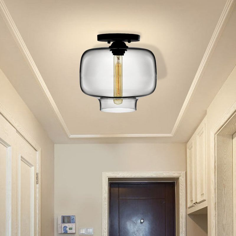 Modern Red/Sky Blue/Amber/Smoke Gray/Coffee Lantern Flushmount Light 1 Bulb Flush Mount Lamp with Glass Shade in Black Smoke Gray Clearhalo 'Ceiling Lights' 'Close To Ceiling Lights' 'Close to ceiling' 'Flush mount' Lighting' 330539