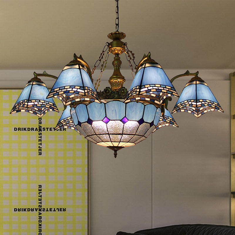 Blue Pyramid Hanging Chandelier Baroque 9/11 Lights Stained Glass Pendant Light Kit for Living Room Clearhalo 'Ceiling Lights' 'Chandeliers' 'Industrial' 'Middle Century Chandeliers' 'Tiffany Chandeliers' 'Tiffany close to ceiling' 'Tiffany' Lighting' 330554