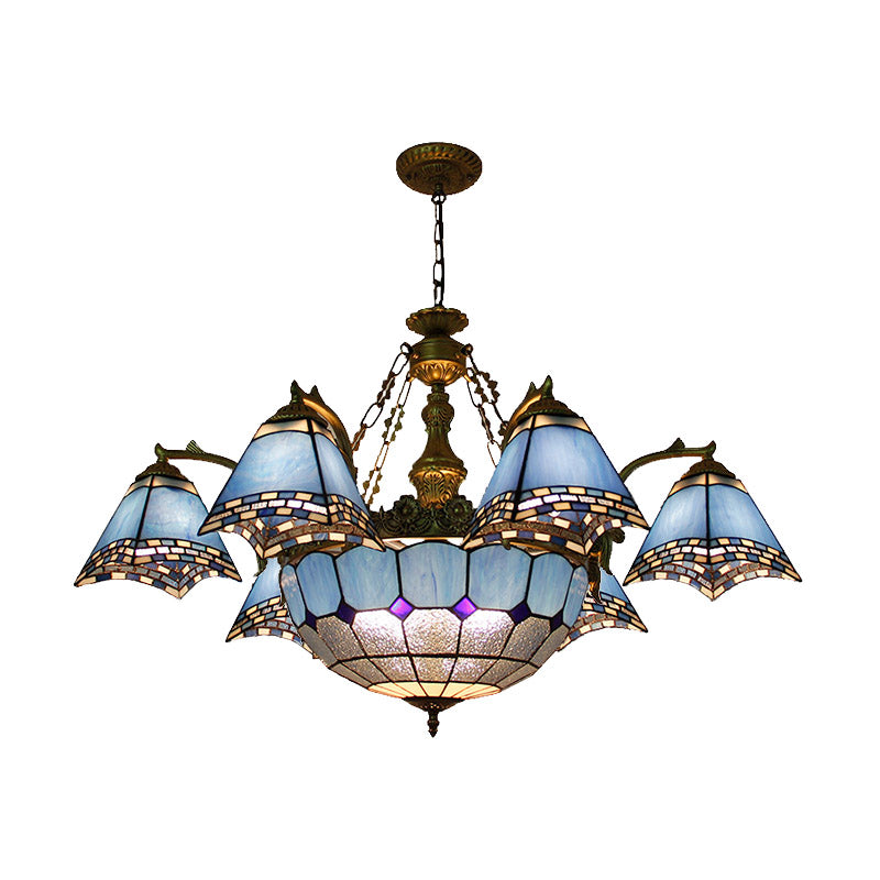 Blue Pyramid Hanging Chandelier Baroque 9/11 Lights Stained Glass Pendant Light Kit for Living Room Clearhalo 'Ceiling Lights' 'Chandeliers' 'Industrial' 'Middle Century Chandeliers' 'Tiffany Chandeliers' 'Tiffany close to ceiling' 'Tiffany' Lighting' 330556