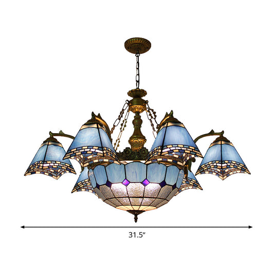Blue Pyramid Hanging Chandelier Baroque 9/11 Lights Stained Glass Pendant Light Kit for Living Room Clearhalo 'Ceiling Lights' 'Chandeliers' 'Industrial' 'Middle Century Chandeliers' 'Tiffany Chandeliers' 'Tiffany close to ceiling' 'Tiffany' Lighting' 330557