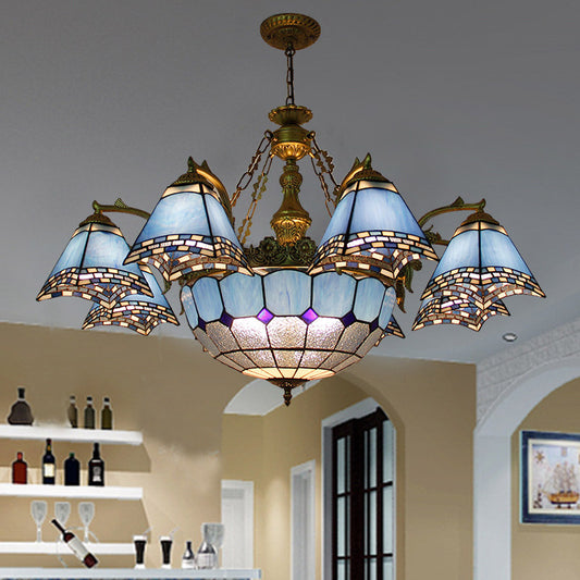 Blue Pyramid Hanging Chandelier Baroque 9/11 Lights Stained Glass Pendant Light Kit for Living Room 11 Blue Clearhalo 'Ceiling Lights' 'Chandeliers' 'Industrial' 'Middle Century Chandeliers' 'Tiffany Chandeliers' 'Tiffany close to ceiling' 'Tiffany' Lighting' 330558