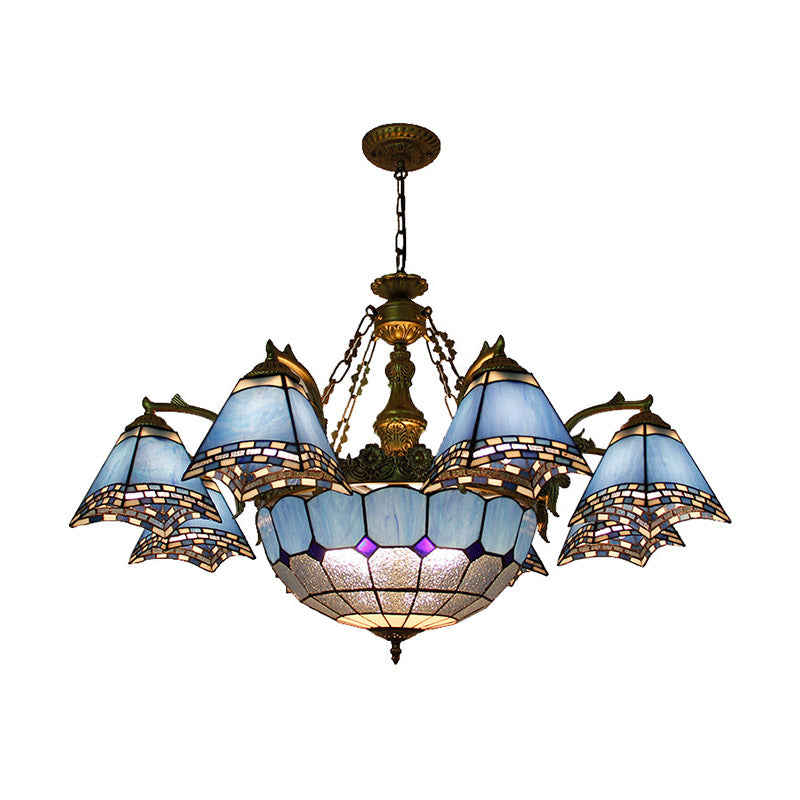 Blue Pyramid Hanging Chandelier Baroque 9/11 Lights Stained Glass Pendant Light Kit for Living Room Clearhalo 'Ceiling Lights' 'Chandeliers' 'Industrial' 'Middle Century Chandeliers' 'Tiffany Chandeliers' 'Tiffany close to ceiling' 'Tiffany' Lighting' 330559