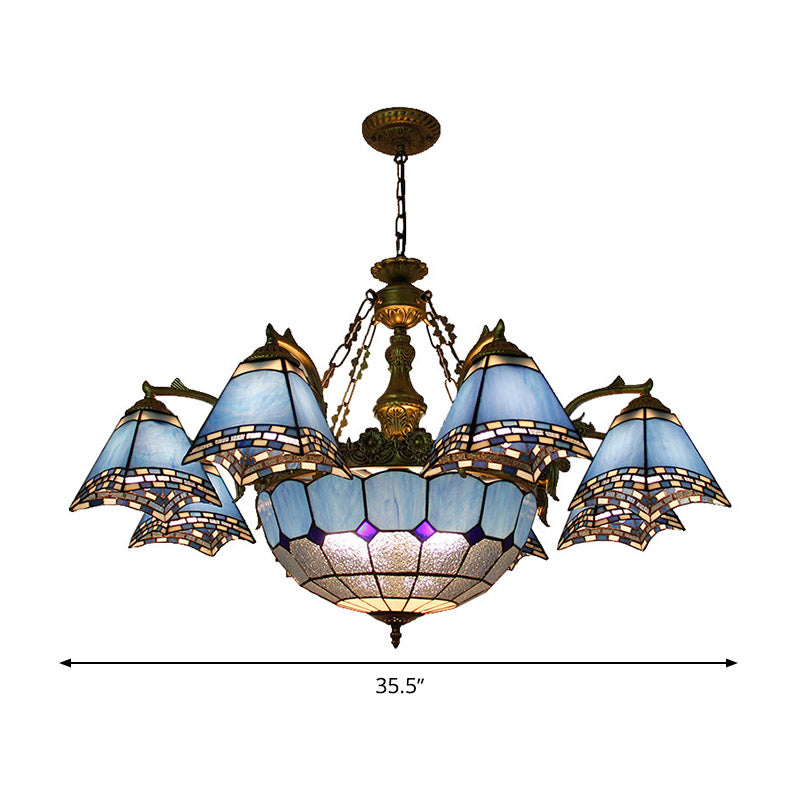 Blue Pyramid Hanging Chandelier Baroque 9/11 Lights Stained Glass Pendant Light Kit for Living Room Clearhalo 'Ceiling Lights' 'Chandeliers' 'Industrial' 'Middle Century Chandeliers' 'Tiffany Chandeliers' 'Tiffany close to ceiling' 'Tiffany' Lighting' 330560