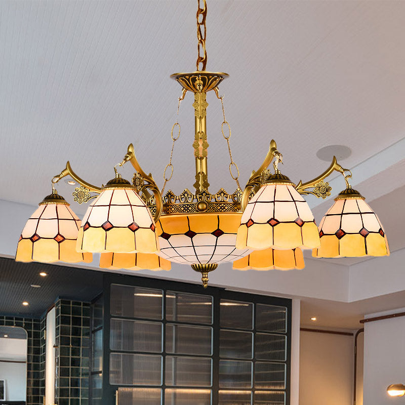 Domed Stained Glass Ceiling Chandelier Mediterranean 11 Lights Yellow Drop Pendant for Living Room Clearhalo 'Ceiling Lights' 'Chandeliers' 'Industrial' 'Middle Century Chandeliers' 'Tiffany Chandeliers' 'Tiffany close to ceiling' 'Tiffany' Lighting' 330562