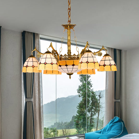 Domed Stained Glass Ceiling Chandelier Mediterranean 11 Lights Yellow Drop Pendant for Living Room Clearhalo 'Ceiling Lights' 'Chandeliers' 'Industrial' 'Middle Century Chandeliers' 'Tiffany Chandeliers' 'Tiffany close to ceiling' 'Tiffany' Lighting' 330563