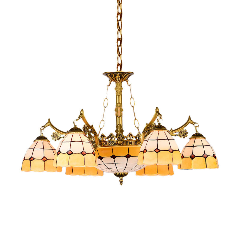 Domed Stained Glass Ceiling Chandelier Mediterranean 11 Lights Yellow Drop Pendant for Living Room Clearhalo 'Ceiling Lights' 'Chandeliers' 'Industrial' 'Middle Century Chandeliers' 'Tiffany Chandeliers' 'Tiffany close to ceiling' 'Tiffany' Lighting' 330564