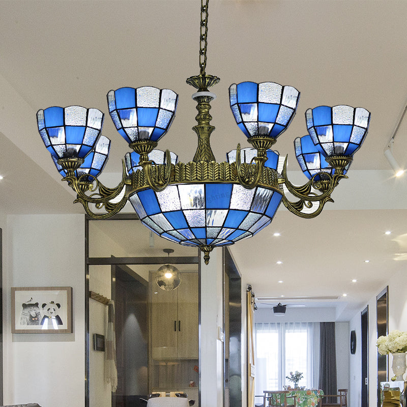 Domed Chandelier 5/9/11 Lights Blue/Textured White Glass Baroque Ceiling Pendant Light in Bronze for Bedroom 11 Blue Clearhalo 'Ceiling Lights' 'Chandeliers' 'Industrial' 'Middle Century Chandeliers' 'Tiffany Chandeliers' 'Tiffany close to ceiling' 'Tiffany' Lighting' 330571