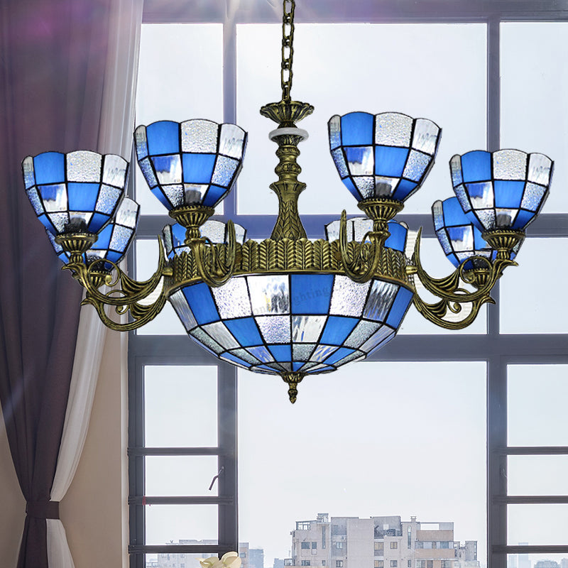Domed Chandelier 5/9/11 Lights Blue/Textured White Glass Baroque Ceiling Pendant Light in Bronze for Bedroom Clearhalo 'Ceiling Lights' 'Chandeliers' 'Industrial' 'Middle Century Chandeliers' 'Tiffany Chandeliers' 'Tiffany close to ceiling' 'Tiffany' Lighting' 330572